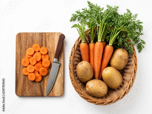 Fresh carrots and potatoes in wicker basket with sliced carrot coins on wooden cutting board