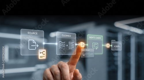 AI Data Provenance - A hand interacts with a digital interface to trace the lineage of AI data from source through cleaning and rights checks to final AI dataset.