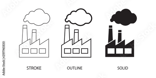Set of three factory icons with smoke emissions in stroke outline solid styles factory icon pollution icon smokestack