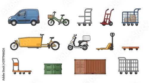 A collection of delivery vehicles, cargo trucks, bicycles, scooters, and transport trolleys isolated on a white background