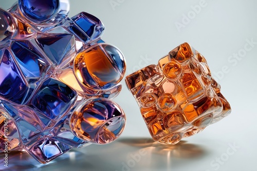 Shiny plastic geometric structures blue and orange translucent cubes
