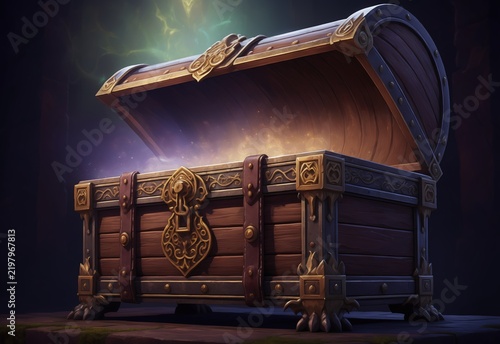 Ornate antique treasure chest open game art 3D illustration