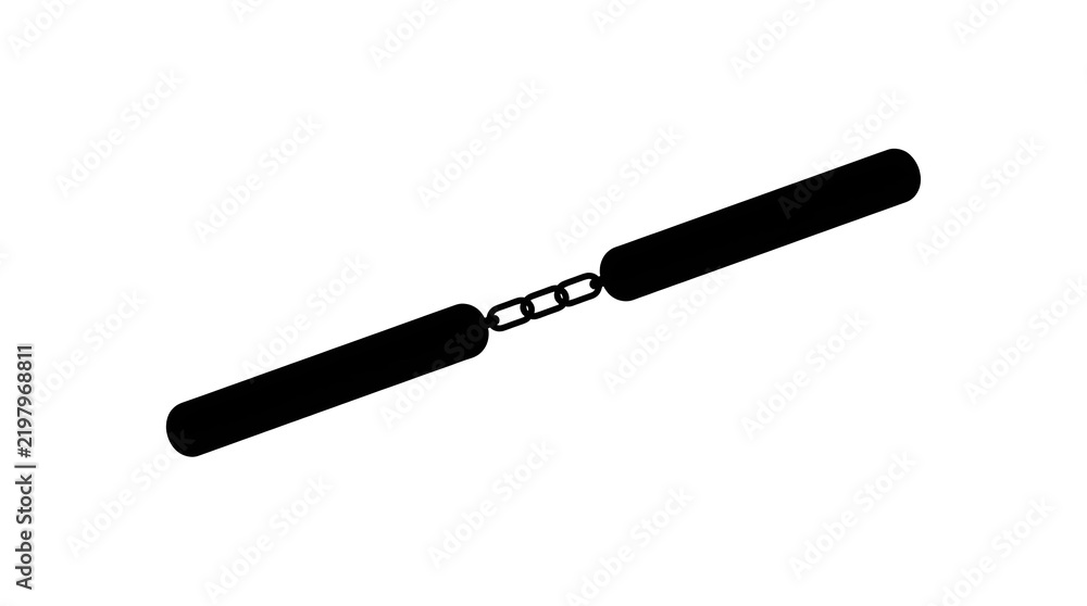Fototapeta premium Minimalist black silhouette of nunchaku isolated on a white background. This traditional martial arts weapon icon represents ninja gear, self-defense, and karate.