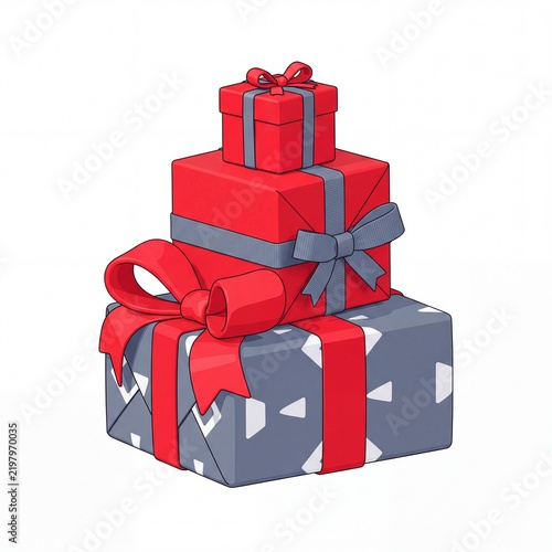 Clean minimalist flat illustration of a stack of wrapped presents tied with ribbons, pure isolated subject, no shadow, no background elements, pure white solid background 