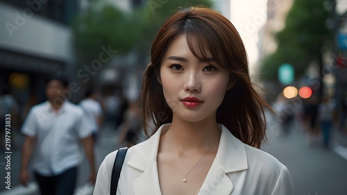 Portrait of a charming young Asian businesswoman in white jacket standing on modern urban street
