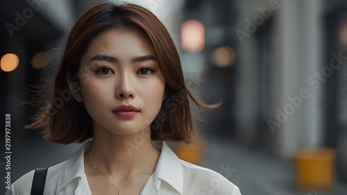 Close up portrait of an attractive young Asian woman with short hair standing outdoors on city street