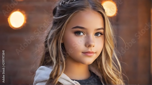 Close up portrait of a beautiful young girl with long brown hair with warm bokeh lights background