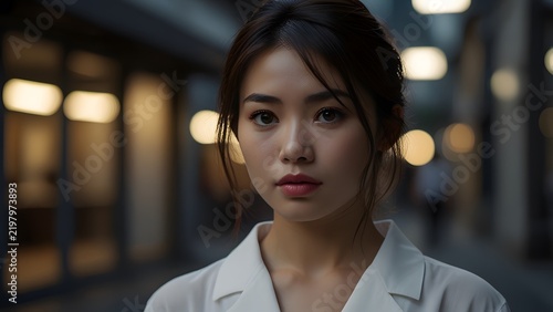 Portrait of a confident young Asian businesswoman standing outdoors in city blurred background