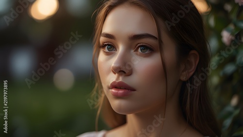Close up portrait of a beautiful young Caucasian woman with long brown hair looking sideways