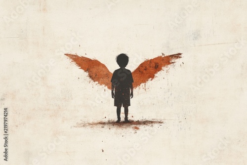 Conceptual illustration of a child silhouette with orange wings on a textured background