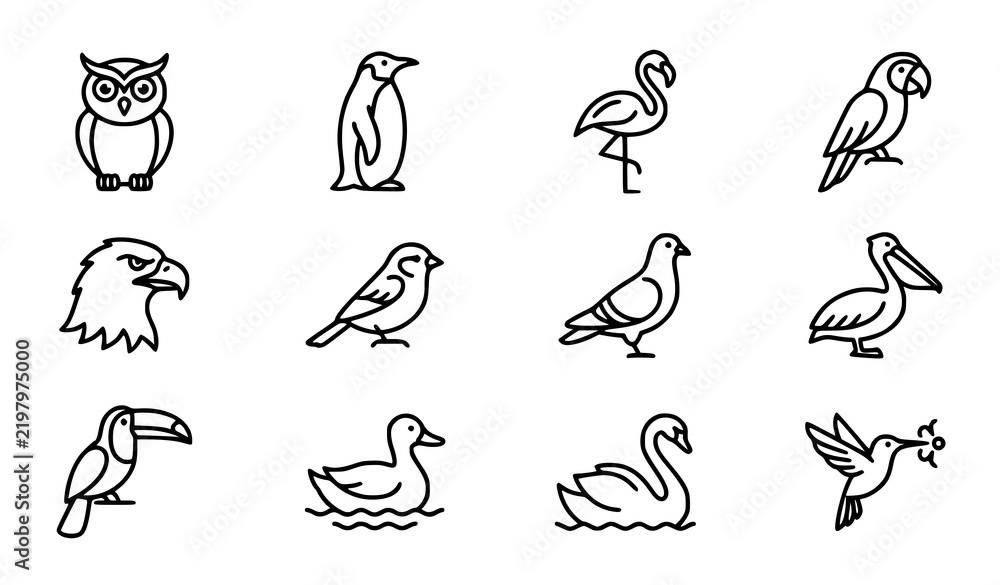 Obraz premium Bird Icon Set featuring Toucan Duck Swan and Hummingbird Line Art Vector Elements for Wildlife Logos
