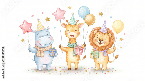 Cute Animals Celebrating New Year Together. animals celebrating New Year with party hats, balloons, confetti, stars, and small gift boxes, creating a cheerful family-friendly holiday illustration.