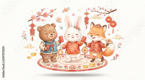 Cute Animals Celebrating Lunar New Year Together. holiday decorations in a family-friendly children's illustration.