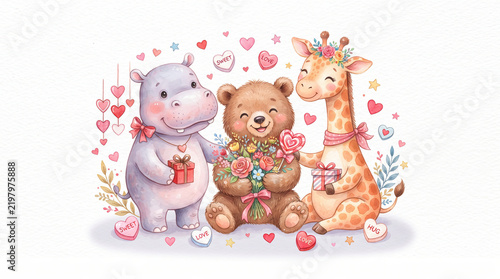 Cute Animals Celebrating Valentine's Day with Hearts. decorations, flowers, gift boxes, and heart-shaped candies, creating a sweet friendship and love-themed children's illustration.