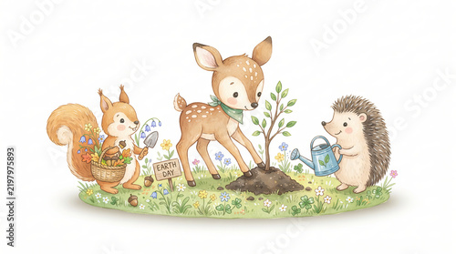 Cute Animals Planting Trees for Earth Day. animals planting a young tree and caring for plants with a watering can and basket of leaves, creating a cheerful Earth Day. illustration for children.