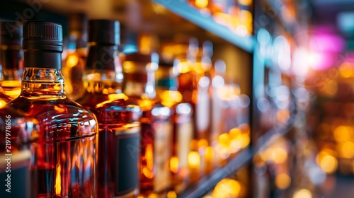 Rows of amber liquor bottles displayed on bar shelves with glowing reflections and bokeh lights