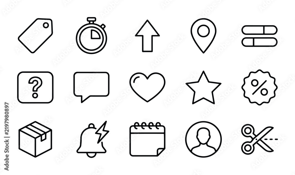 Fototapeta premium Modern UI Icons Set: Shopping, Time, Location, Social Media, and Business Symbols