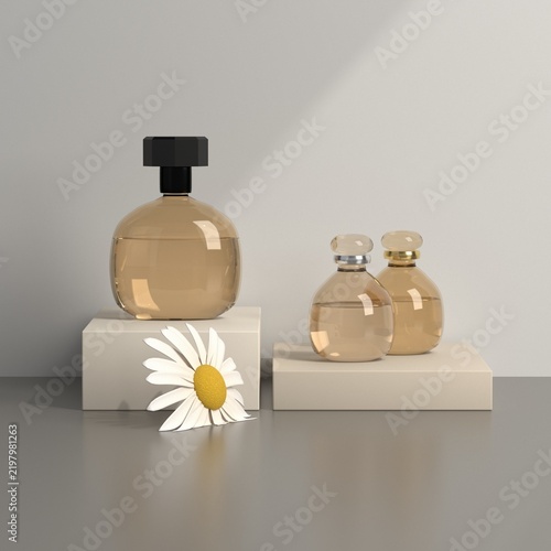 Kugelrunder Parfumflakon aus Glas in Schwarz mit liegender Margerite neben Flakon-Paar auf zwei Podesten in Beige