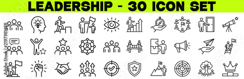Leadership Line Icon Set – Leader, Team, Direction, Confidence, and Vision Editable Stroke Vector Icons