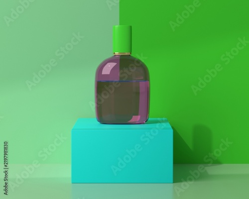 Hoher ovaler Parfumflakon aus Glas in Pink auf Podest in Aqua