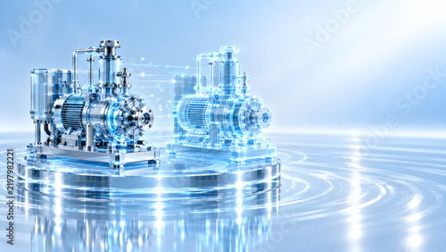 Industrial water pump with digital twin hologram concept for smart factory engineering predictive maintenance iot automation and virtual machinery simulation