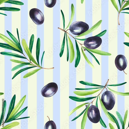 Watercolor olive botanical pattern with branches, leaves and ripe olives, perfect for Mediterranean branding, packaging, kitchen decor, textiles, stationery and patterns.