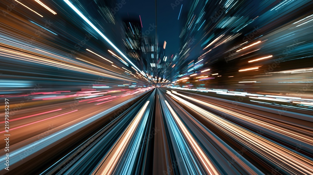 Fototapeta premium Fast moving city lights streaking through urban night