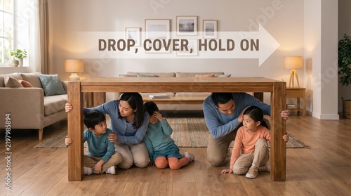 Family hiding under sturdy wooden table during earthquake drill in modern living room