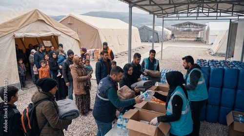 Community members receiving earthquake relief supplies under temporary shelter during emergency response
