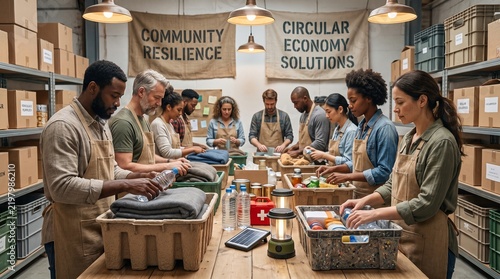 Diverse volunteers packing emergency relief supplies in a community warehouse for earthquake preparedness