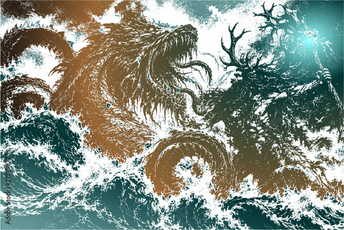 Obraz na płótnie Thor vs leviathan Mythology Symbol and Powerful Fantasy Monster Silhouette