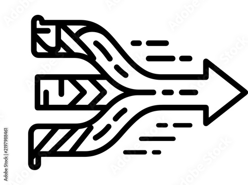 Three converging paths into one arrow showing forward motion and progress towards a goal