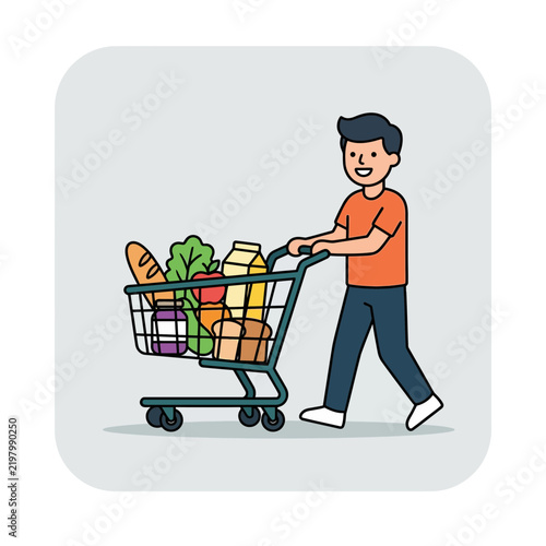 Happy man pushing shopping cart full of fresh groceries illustration