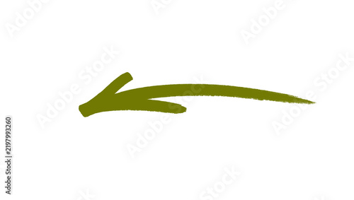 Hand painted olive green arrow sketch pointing to the left, drawn with a thick marker pen and isolated on white, drawn as a wide curved swoosh, useful for scrapbooking, journaling, video overlays, thu