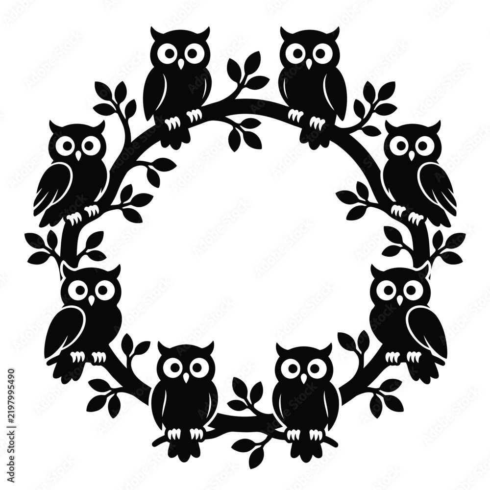 Fototapeta premium Cute owl pairs perched on branches, circular wreath Editable eps