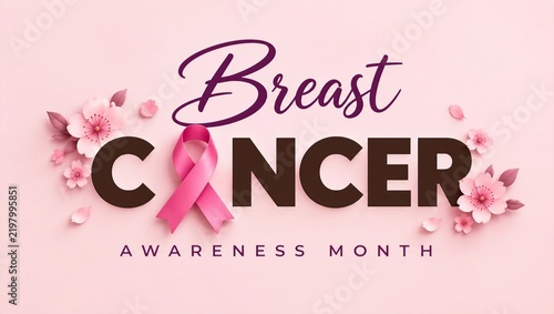 Breast cancer awareness month banner with pink ribbon and cherry blossoms
