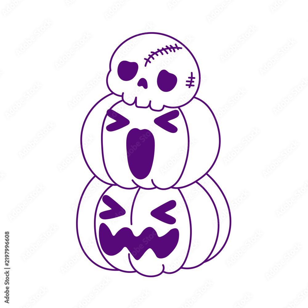 Fototapeta premium Cute halloween pumpkin stack with a small skull isolated on white background transparent background