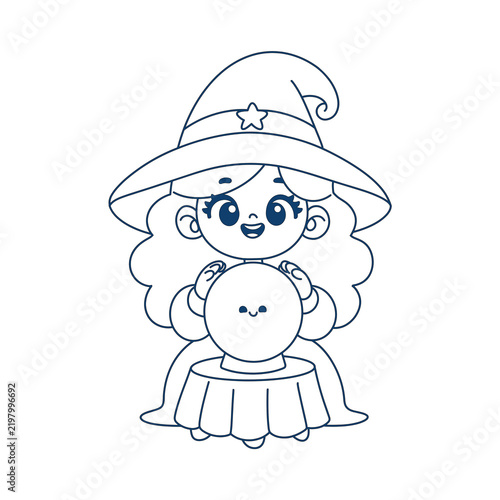Obraz na plátně Cute little witch girl with magic crystal ball line art illustration transparent