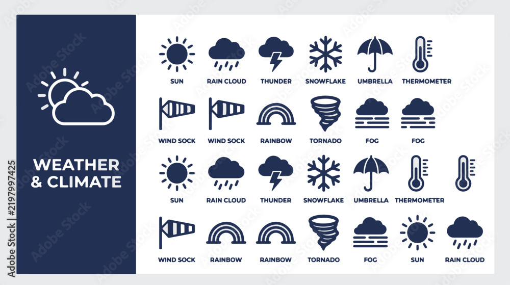 Obraz premium Weather and climate solid icon set. Includes symbols for sun, rain cloud, thunder, snowflake, and thermometer. Vector graphics for meteorological forecasting and climate apps.