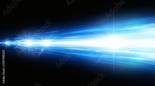Horizontal intense cyan blue laser beam streak blasting across dark background with trailing optical light rays, fast cyber speed line. Dynamic futuristic science fiction light burst streak.
