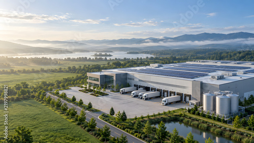 Aerial View of a Sustainable Manufacturing Facility with Rooftop Solar Panels and Rainwater Harvesting