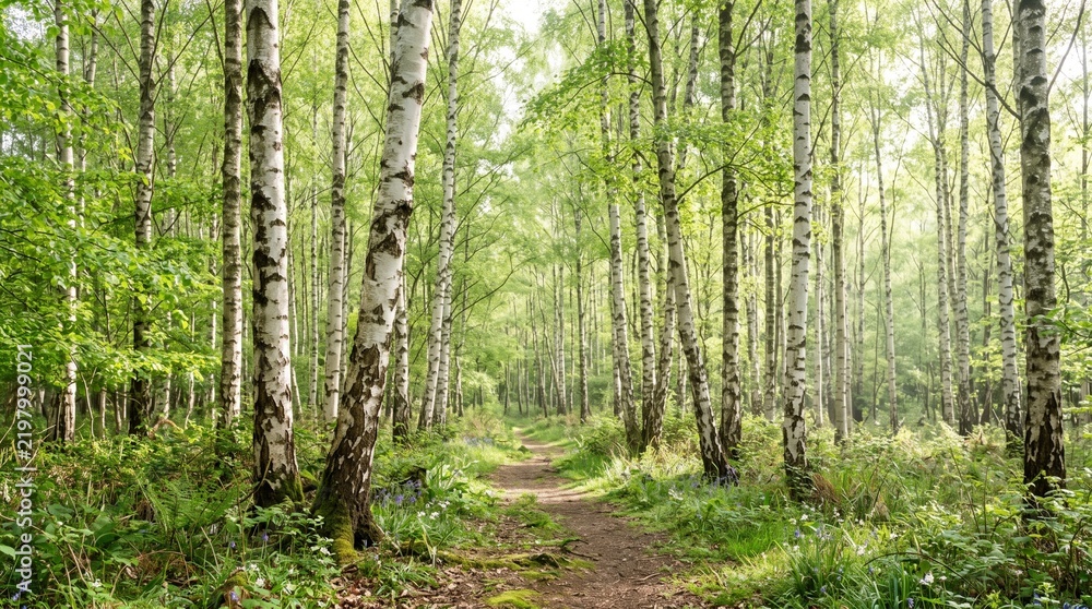 Obraz premium Dirt path through a forest of silver birch trees