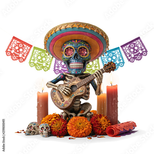 Day of the Dead skeleton mariachi musician playing acoustic guitar surrounded by lit candles, marigolds, and papel picado flags   