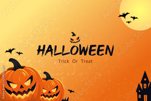 Halloween background with spooky jack-o-lantern pumpkins, bats, haunted house and Trick or Treat text in orange autumn colors