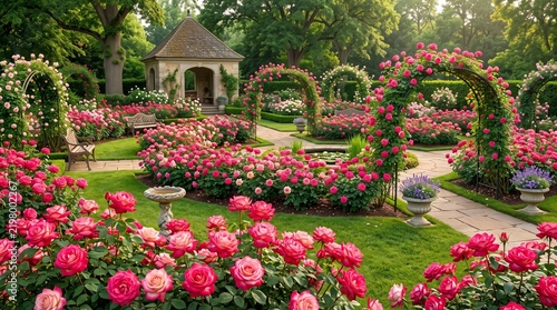 Lush formal English garden path lined with vibrant pink roses, stone arches, benches, and a classic gazebo in warm afternoon light.   