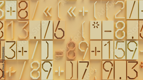 Three-Dimensional Geometric Shapes in Beige and Orange with Numbers and Symbols on Light Yellow Background for Creative Design Projects