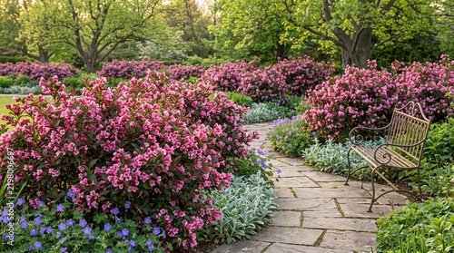 Lush formal garden path lined with blooming pink weigela shrubs, green foliage, and a classic metal bench in bright daylight.   
