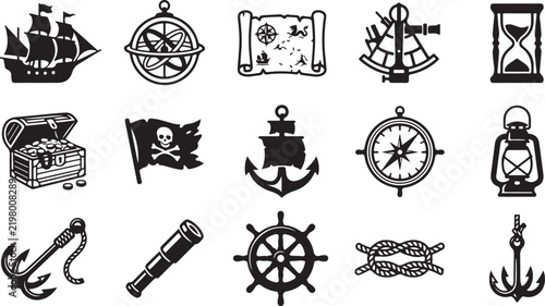 Bild auf Leinwand A collection of twelve black nautical and pirate-themed including a ship, astrol