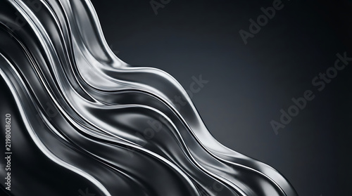 Abstract dark background with smooth flowing liquid waves and glowing silver particles