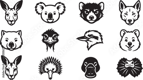 Foto Australian wildlife animal head featuring kangaroo, koala, dingo, wombat, emu, k